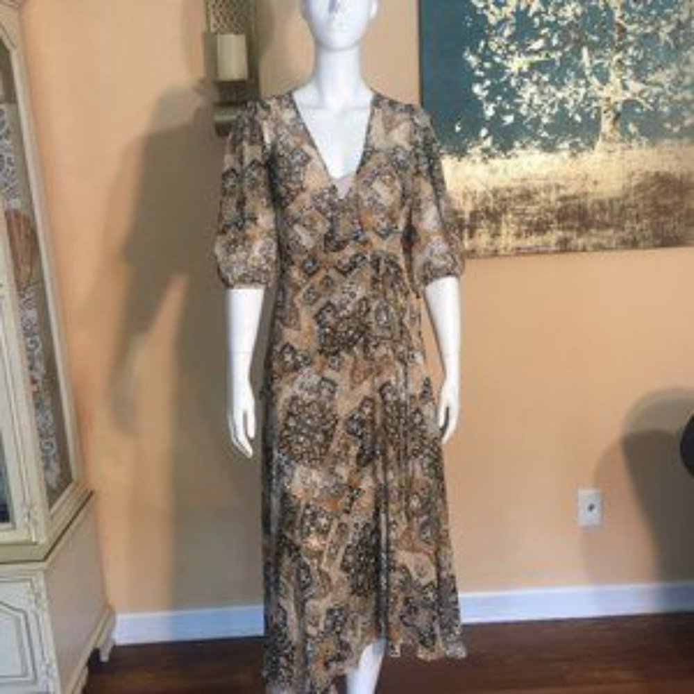 Calvin Klein Brown/Tan chiffon wrap V Neck Midi Dress size 6 & 2